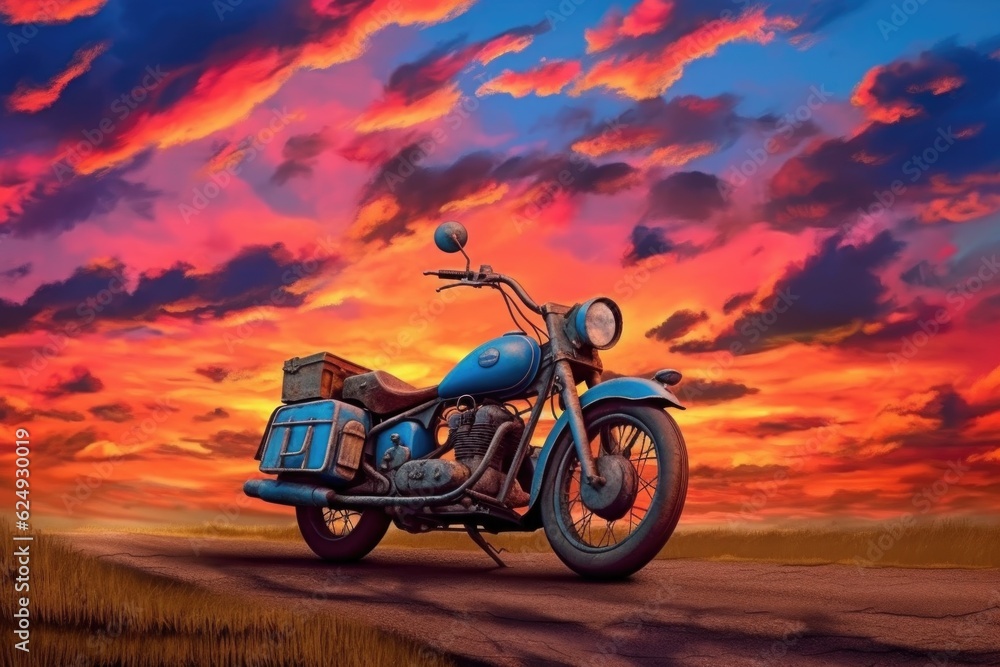 Fototapeta premium classic motorbike with a sunset background, created with generative ai