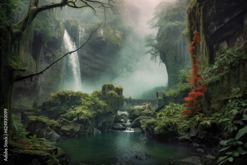 misty waterfall surrounded by vibrant greenery, created with generative ai