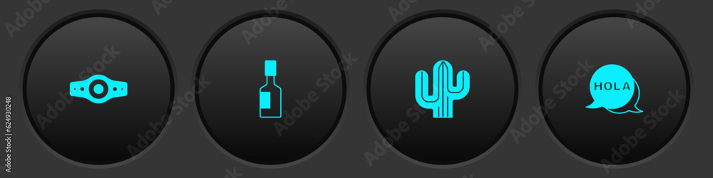Set Wrestling championship belt, Tabasco sauce, Cactus and Hola icon. Vector Set Wrestling championship belt, Tabasco sauce, Cactus and Hola icon. Vector
