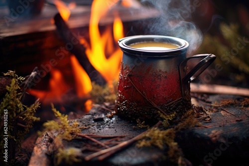 rooibos tea steeping in a rustic enamel mug near campfire, created with generative ai