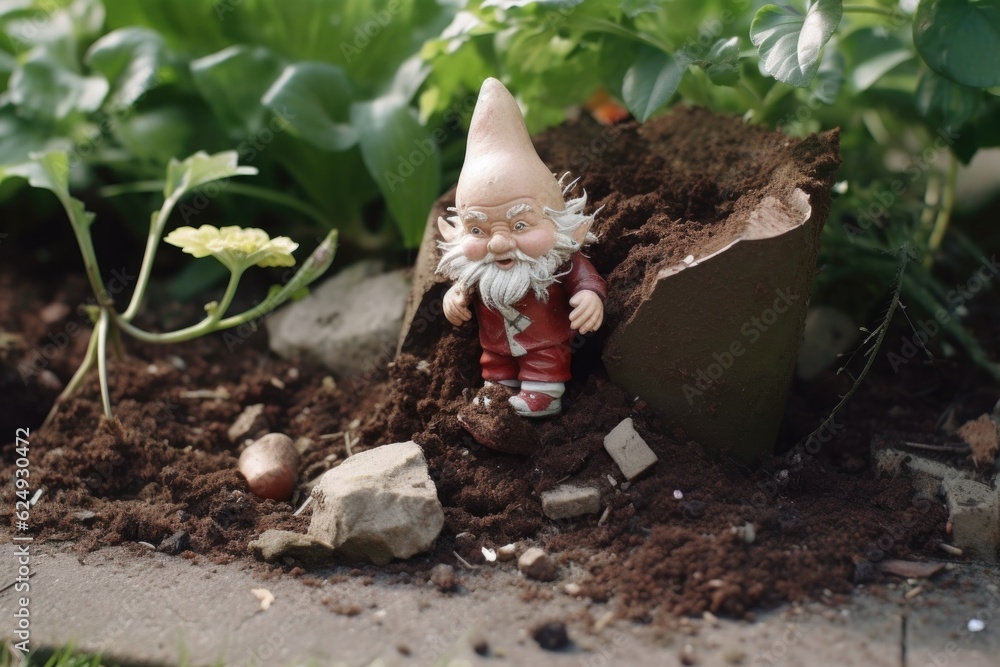 partially buried broken gnome in soil, created with generative ai partially buried broken gnome in soil, created with generative ai