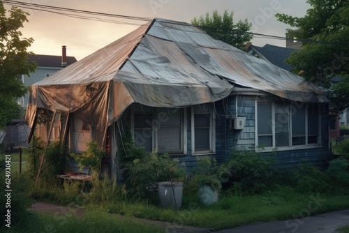 tarp-covered roof awaiting repair after storm, created with generative ai