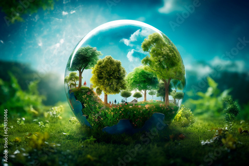 Green world background  Green planet Earth day  Environment protection concept. Generative AI