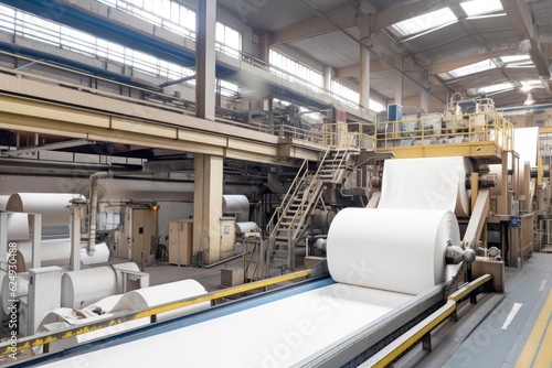 pulp and paper factory, with production line in full swing, creating endless sheets of paper, created with generative ai