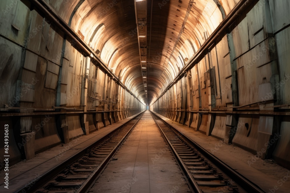 vanishing point view of a long subway tunnel, created with generative ai