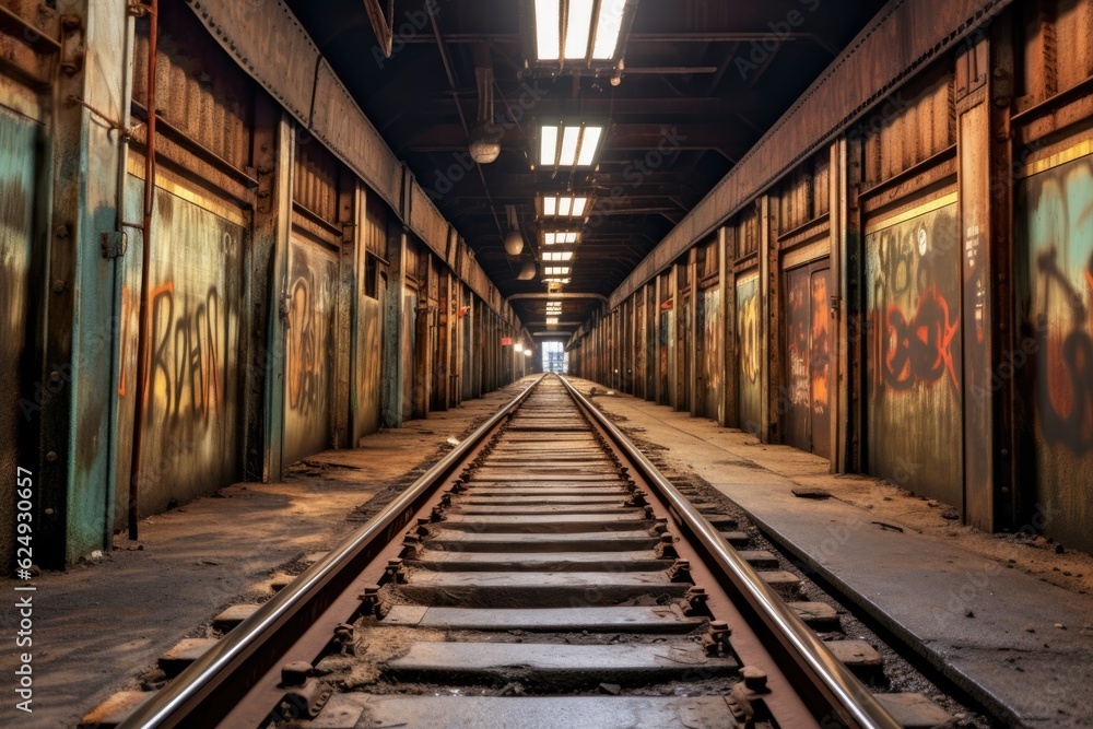 long perspective of subway tracks fading, created with generative ai