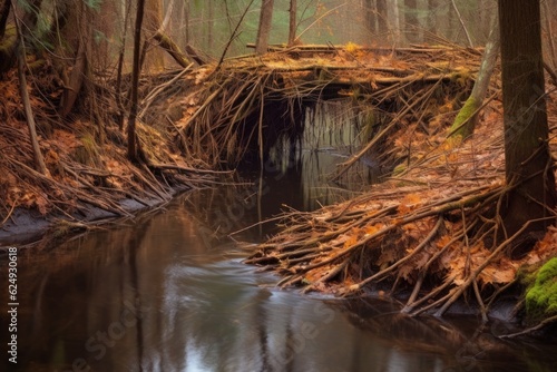 water flowing through gaps in an unfinished beaver dam, created with generative ai