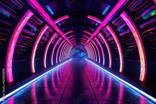 futuristic illuminated subway tunnel with neon lights, created with generative ai