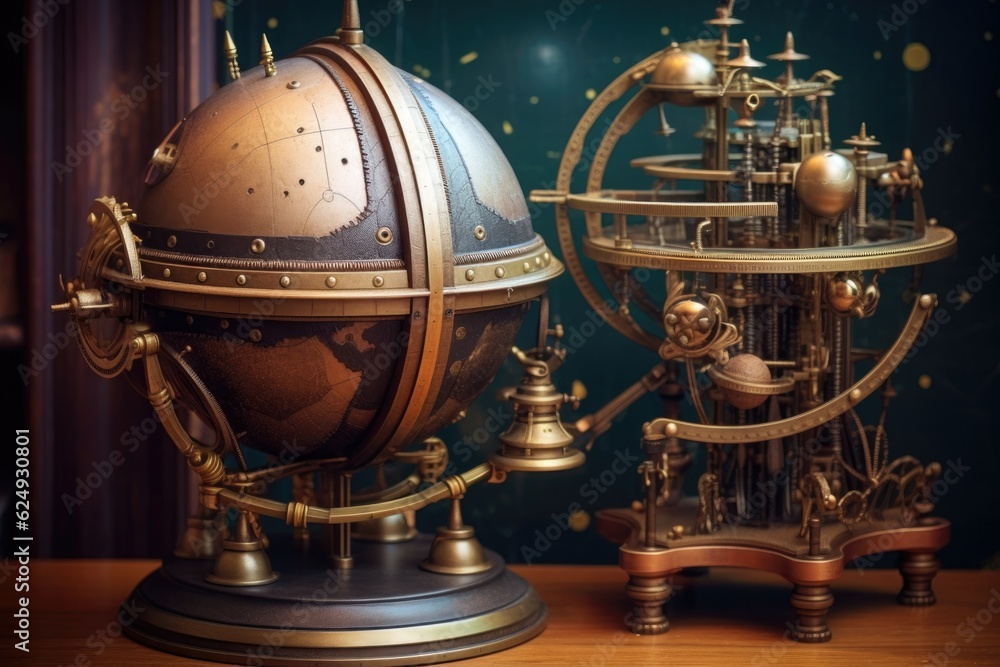 steampunk-inspired clockwork planetarium in motion, created with generative ai