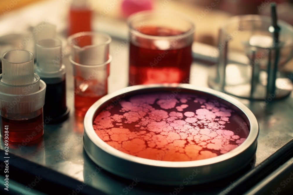 blood sample in a petri dish near a microscope, created with generative ai blood sample in a petri dish near a microscope, created with generative ai