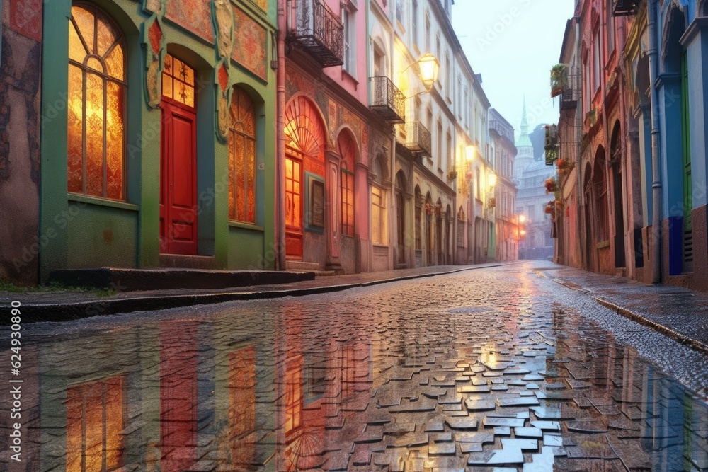 Fototapeta premium dew-covered cobblestones reflecting colorful storefronts, created with generative ai
