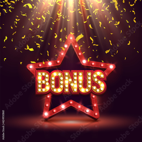 Shining sign Bonus with retro star on a bright background. Vector illustration.
