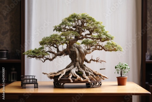 bonsai tree with freshly cut branches on table, created with generative ai