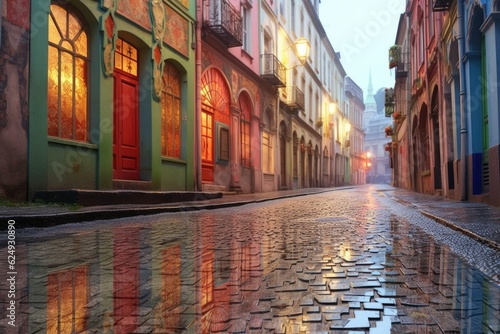 dew-covered cobblestones reflecting colorful storefronts, created with generative ai