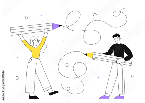 People with giant pencils line concept