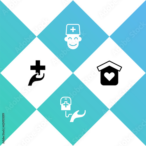 Set Heart with cross, Blood donation, Male doctor and Shelter for homeless icon. Vector