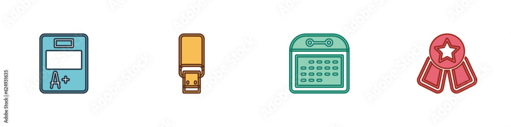 Set Exam sheet with A plus grade, USB flash drive, Calendar and Medal star icon. Vector Set Exam sheet with A plus grade, USB flash drive, Calendar and Medal star icon. Vector