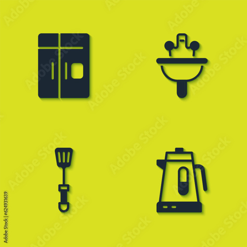 Set Refrigerator  Electric kettle  Spatula and Washbasin icon. Vector