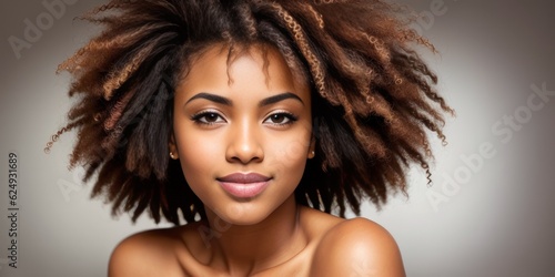 young beautiful black African American ethnicity woman posing happy looking at camera smiling isolated on grey background in corporate business portrait. Generative AI