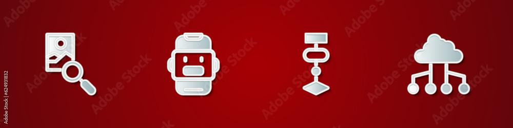 Set Photo retouching, Chat bot, Algorithm and Network cloud connection icon. Vector Set Photo retouching, Chat bot, Algorithm and Network cloud connection icon. Vector