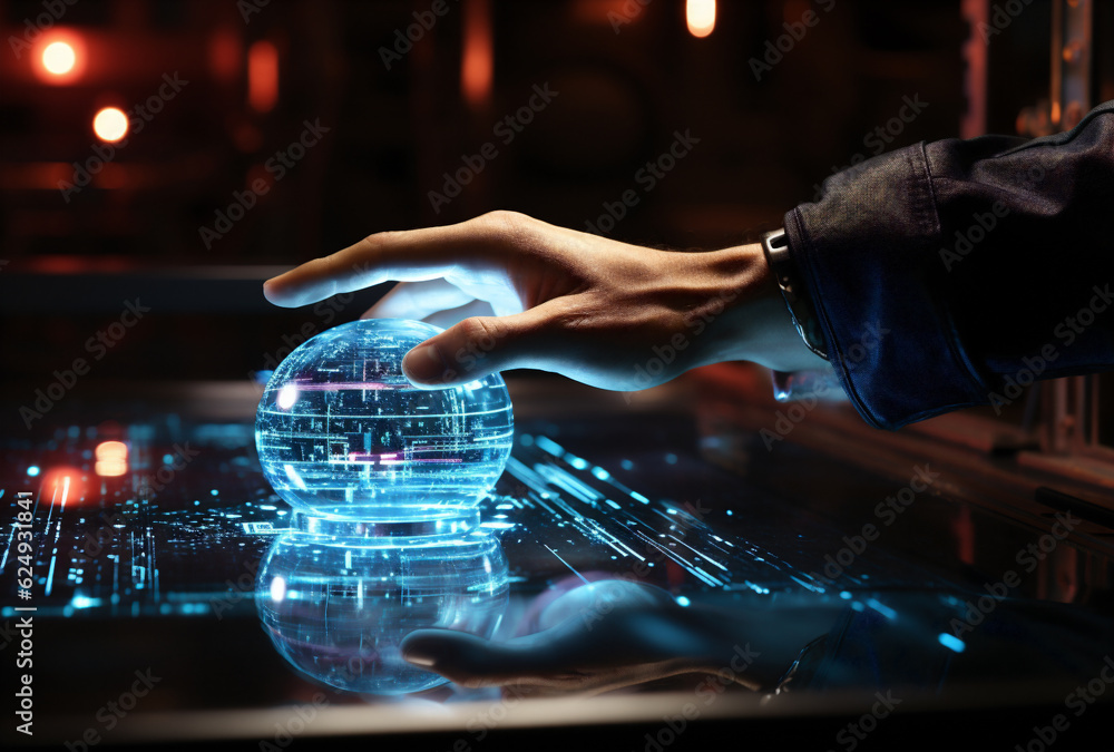 Hand and a hologram over a digital screen