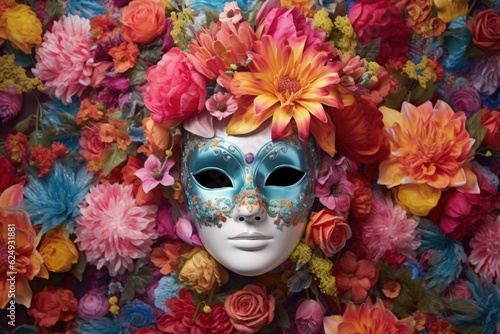 a colorful colombina mask amidst a floral setting, created with generative ai