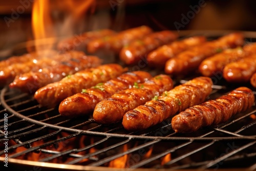 close-up of sausages sizzling on hot grill grates, created with generative ai