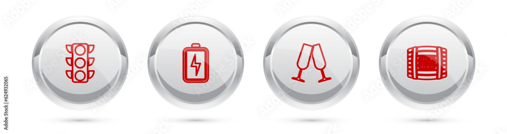 Set line Traffic light, Battery, Glasses of champagne and Wooden barrel with rum. Silver circle button. Vector Set line Traffic light, Battery, Glasses of champagne and Wooden barrel with rum. Silver circle button. Vector
