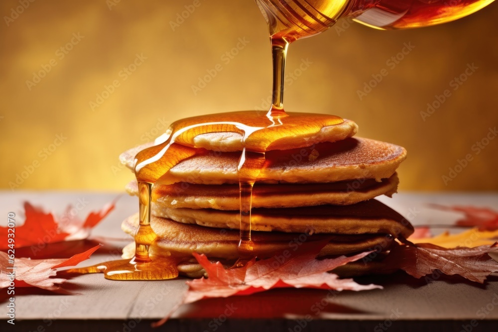 maple syrup drizzling over a stack of pancakes, created with generative ai