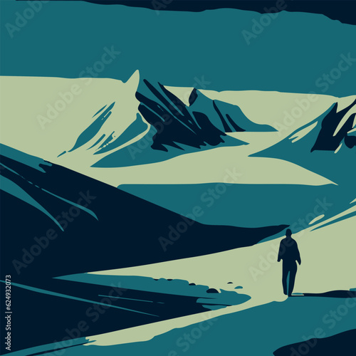 A captivating dark vector illustration showcasing a lone adventurer in the mountains, enveloped by mysterious shadows, igniting a sense of awe and exploration amidst the majestic peaks