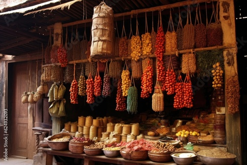 spice market stall with hanging woven spice bags  created with generative ai