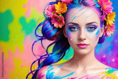 Beauty Woman with flowers in her hair and a colorful background with paint splashes on her face and body. Stylish fashion design. Beauty Salon design banner. Health and spa cosmetics. Generative AI