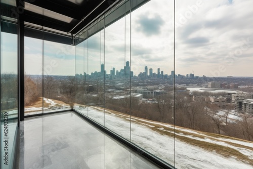 beautifully designed glass structure with view of the city skyline, created with generative ai