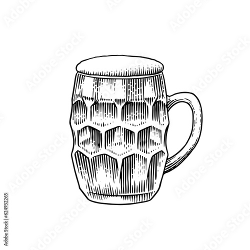Beer glass, mug of oktoberfest. Engraved in ink hand drawn in old sketch and vintage style for web, invitation to party or pub menu. design element isolated on white background.