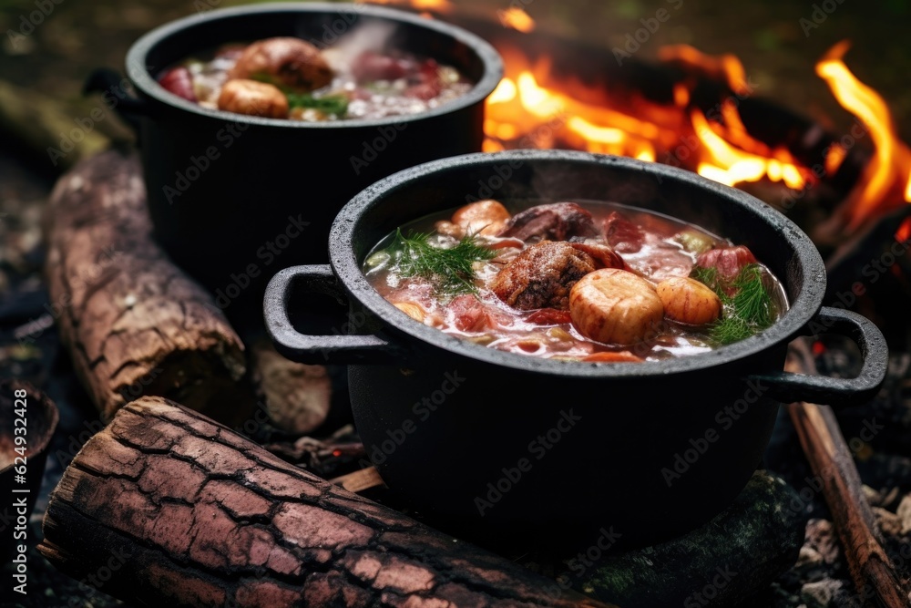 dishing gumbo into bowls from campfire pot, created with generative ai dishing gumbo into bowls from campfire pot, created with generative ai