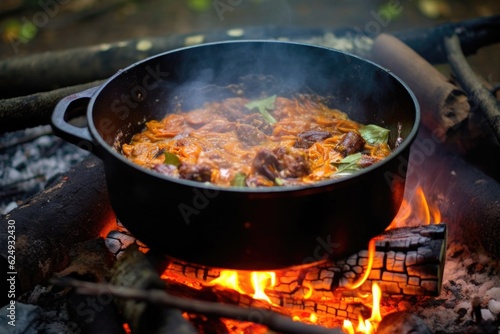 stirring gumbo in cast iron pot on campfire, created with generative ai
