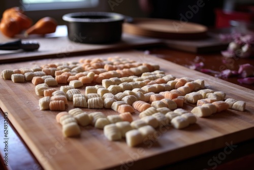 gnocchi being shaped on a ridged board, created with generative ai