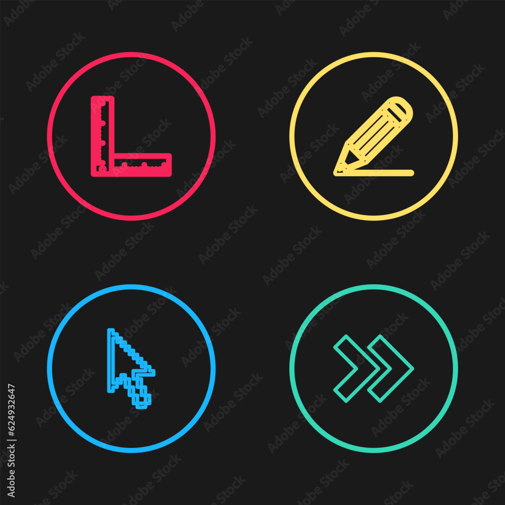 Set line Pixel arrow cursor, Arrow, Pencil and line and Folding ruler icon. Vector Set line Pixel arrow cursor, Arrow, Pencil and line and Folding ruler icon. Vector