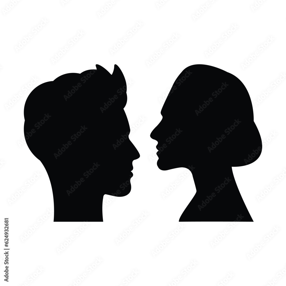 Male and female face profile silhouette vector icon in a glyph pictogram illustration