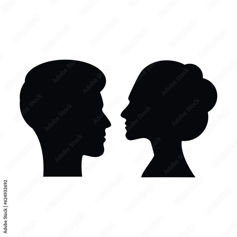 Man and woman face profile silhouette vector icon in a glyph pictogram illustration