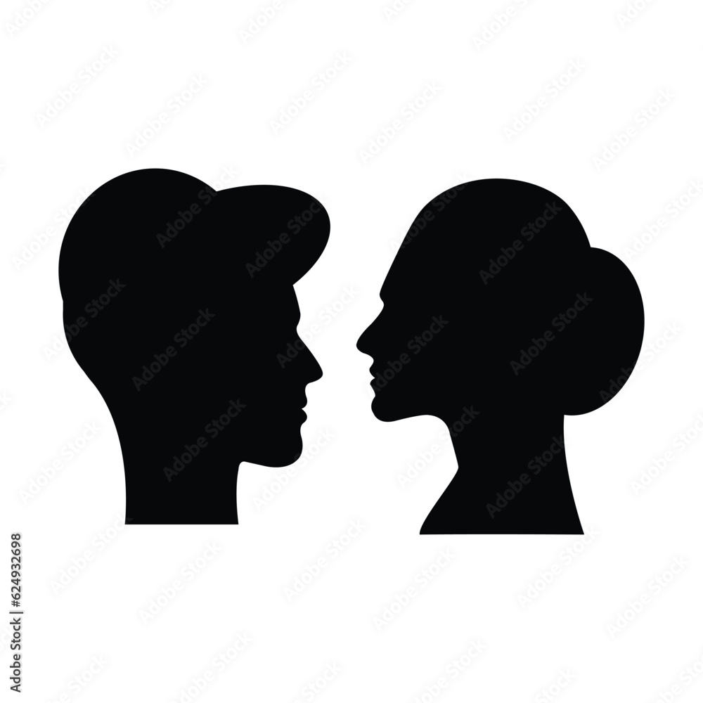 Male and female face profile silhouette vector icon in a glyph pictogram illustration