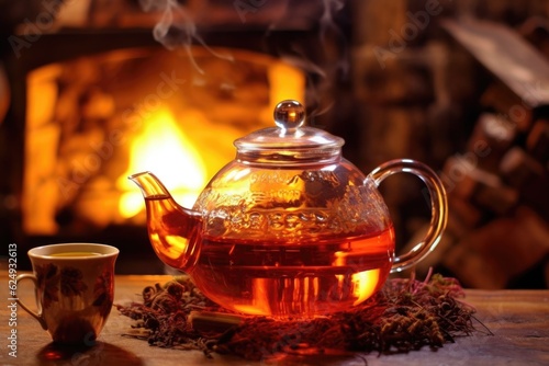rooibos tea steeping in glass teapot with campfire backdrop, created with generative ai