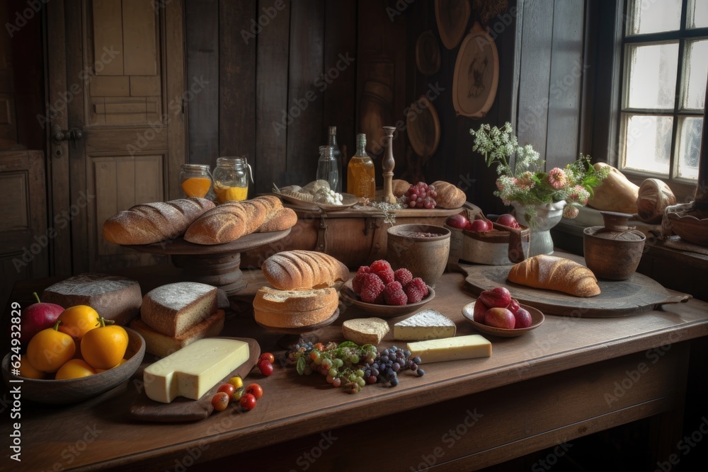 a rustic wooden table, with a selection of cheeses, fruits and breads, created with generative ai