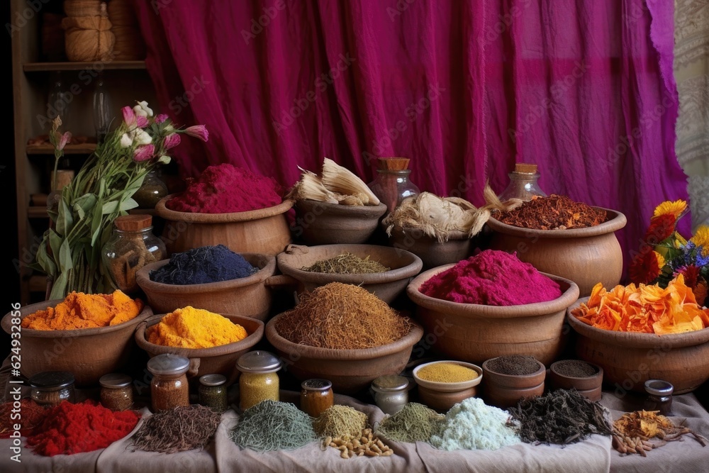 Fototapeta premium natural dye ingredients displayed for sari coloring, created with generative ai
