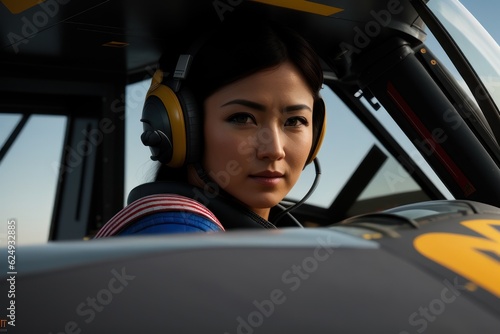 A professional female racer in a black helmet and a homologated suit sits in cockpit in the sports seat of a bolid for drifting and racing during a race. Speed of modern life concept. Generative AI photo