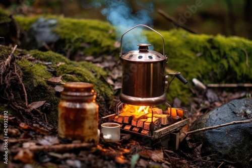brewing herbal tea with a portable campfire stove, created with generative ai