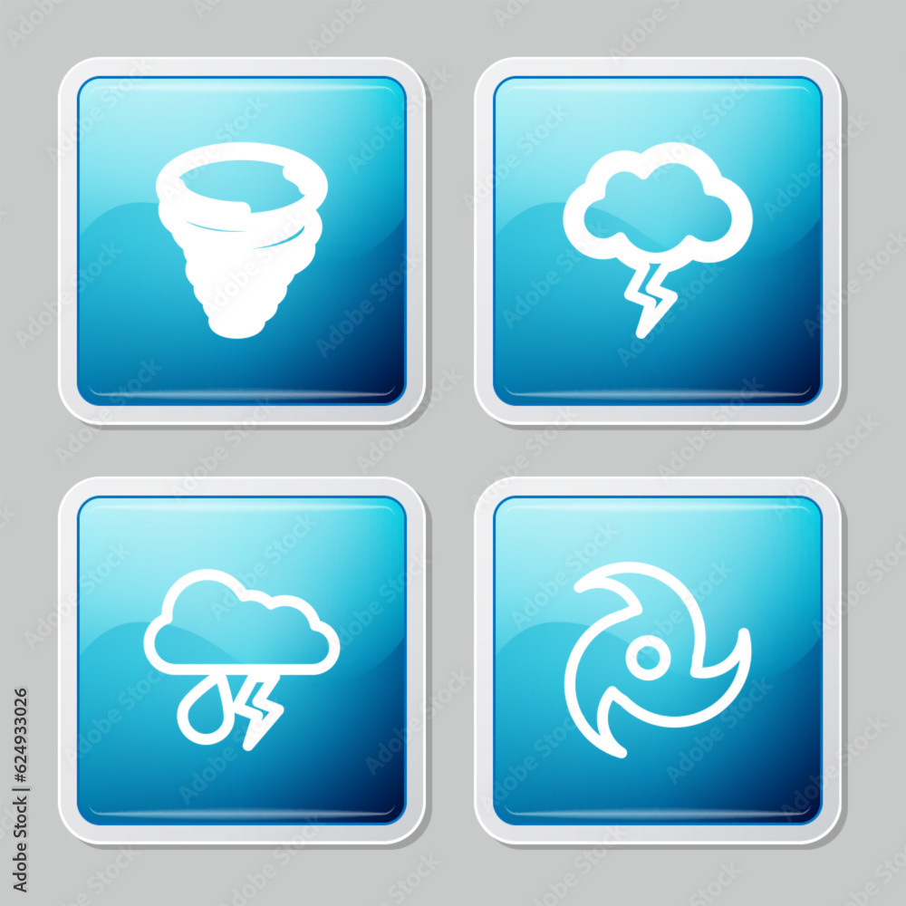 Set line Tornado, Storm, Cloud with rain and lightning and icon. Vector