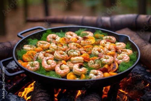 spices and herbs sprinkled over shrimp on a campfire grill  created with generative ai