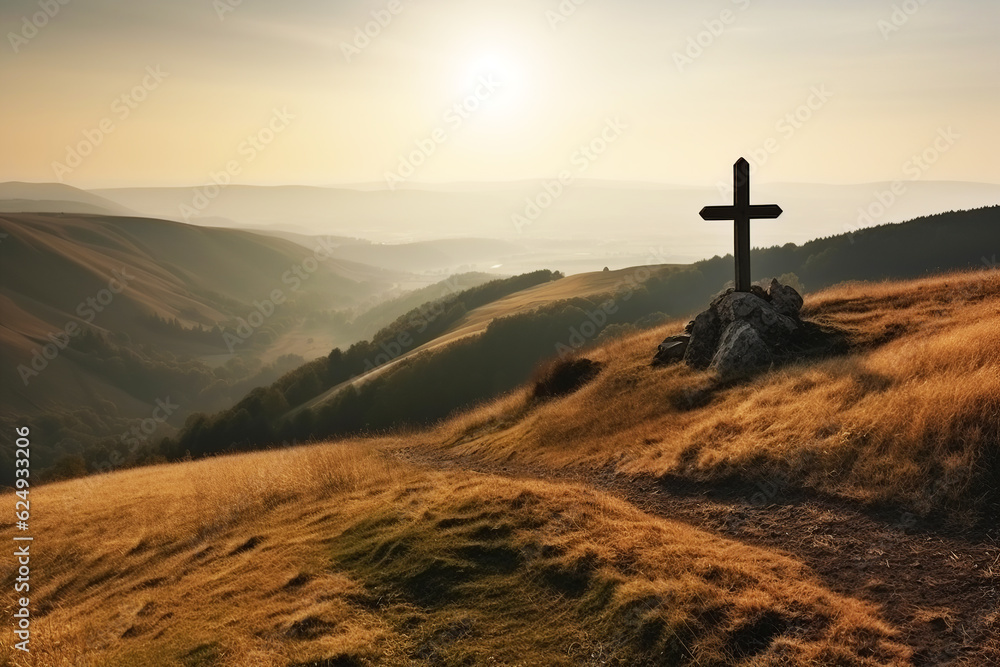 Christian cross on the hills. Generative AI.