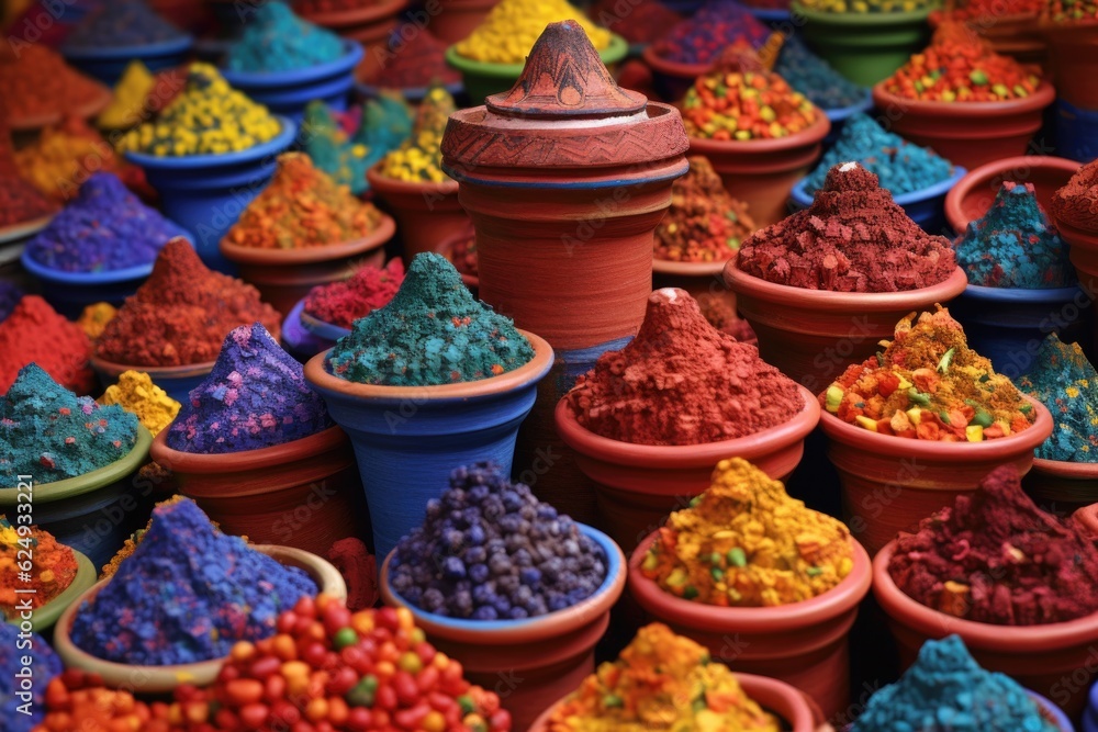 Fototapeta premium vibrant spice piles in traditional clay pots, created with generative ai